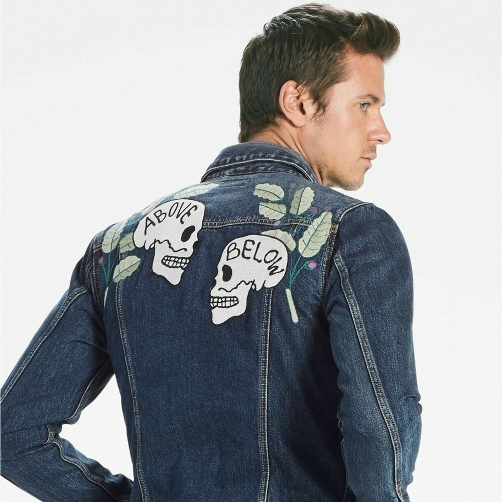 NWT Lucky Brand x Lot Stock & Barrel Denim Jacket Skull Above Below Embroidered - Picture 11 of 11
